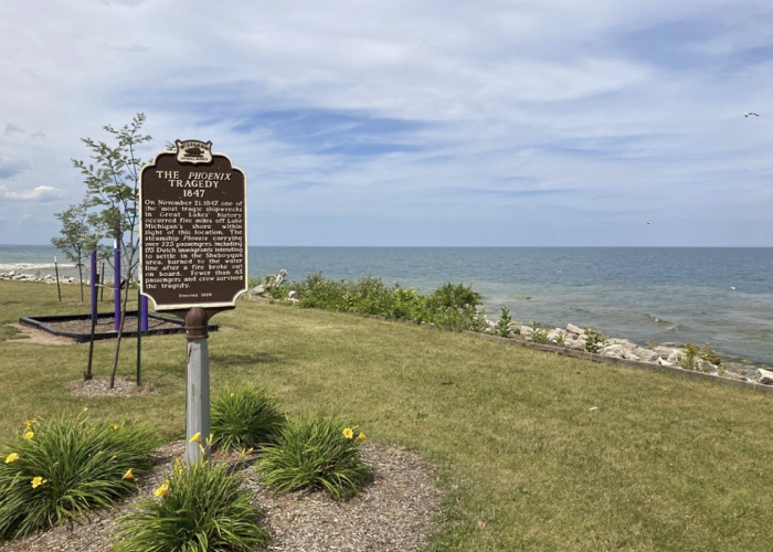 The historical marker for the Phoenix disaster at North Point Park, Sheboygan. Photo Joske Meerdink, 31 July 2022.