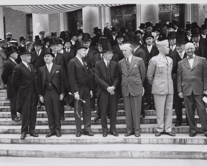 George C. Marshall on the steps of Widener Memorial Library, Harvard University, on Commencement Day, June 5, 1947